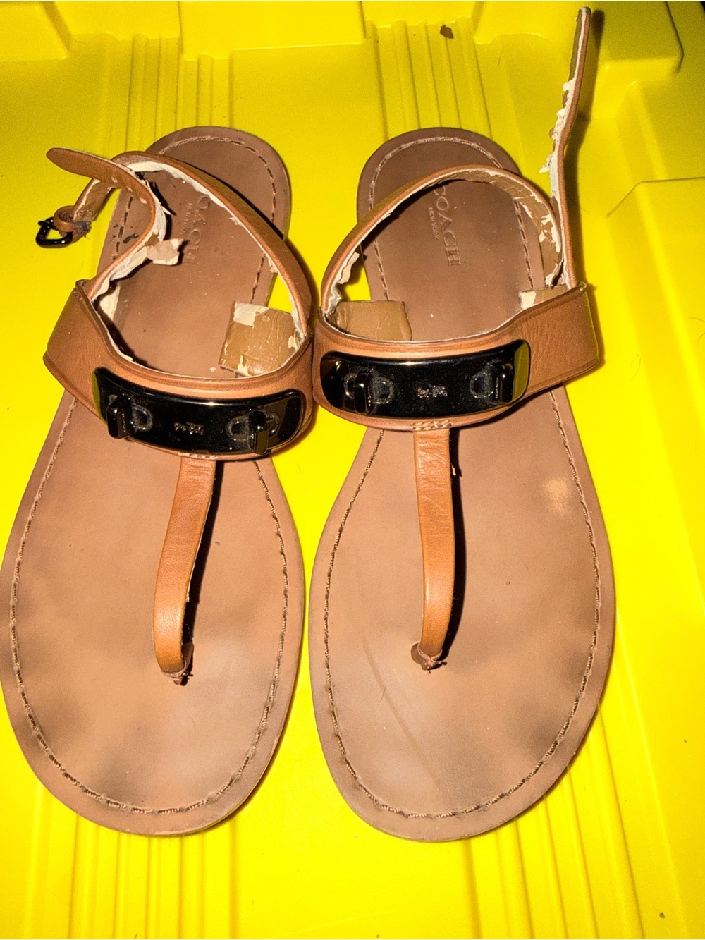 Coach Brown Leather T-Strap Sandals with Gold Accent